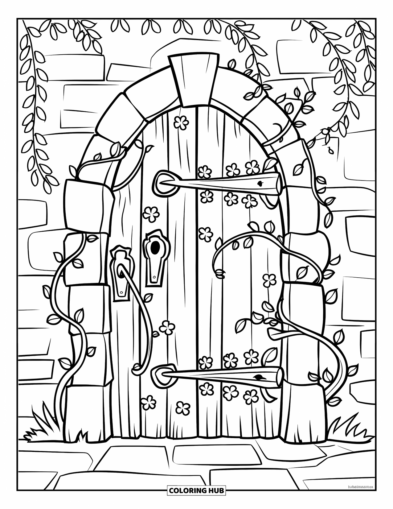 Four Leaf Clover Coloring Page for Kids: A wooden door with vines and clovers against a stone wall