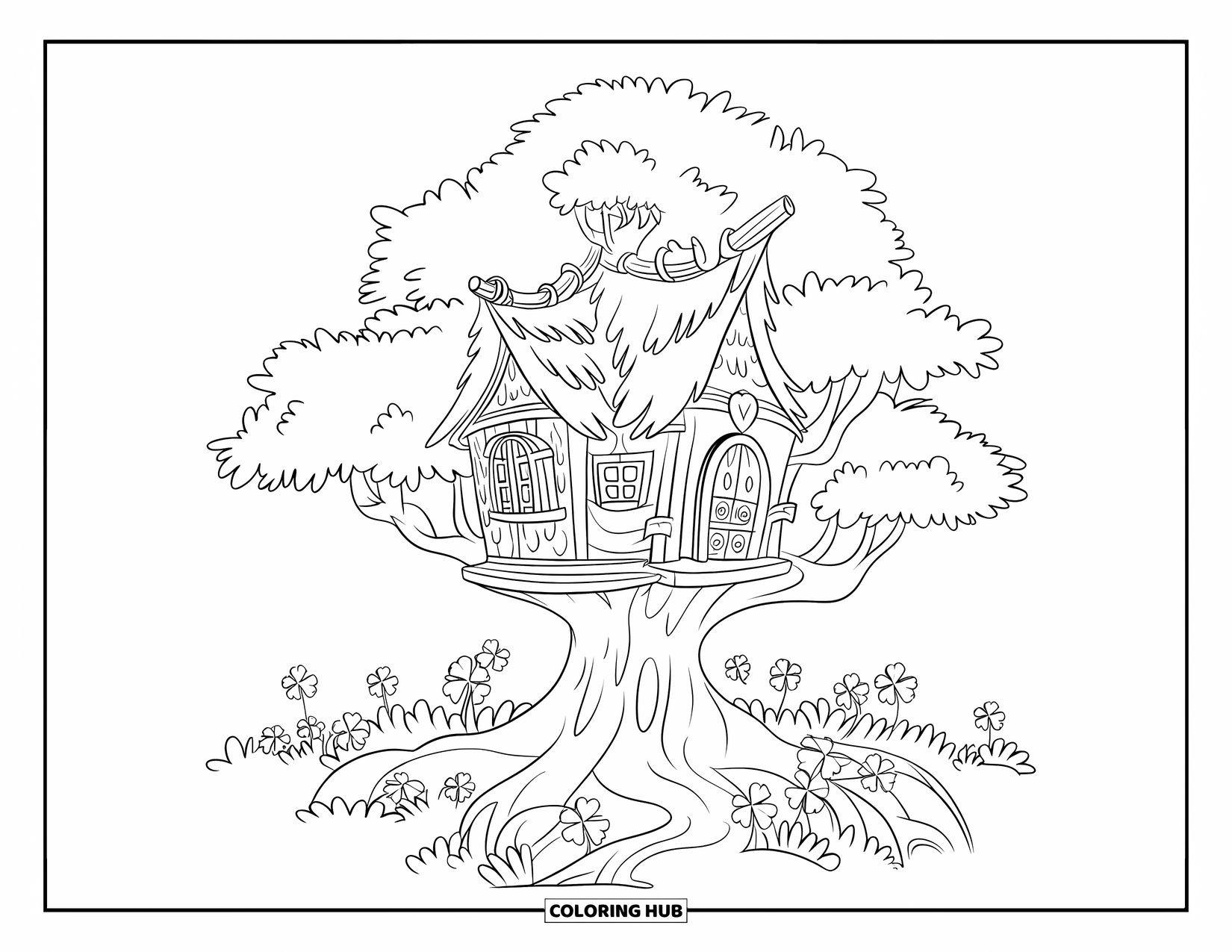 Four Leaf Clover Coloring Page for Kids: A wooden treehouse with clovers and a thatched roof