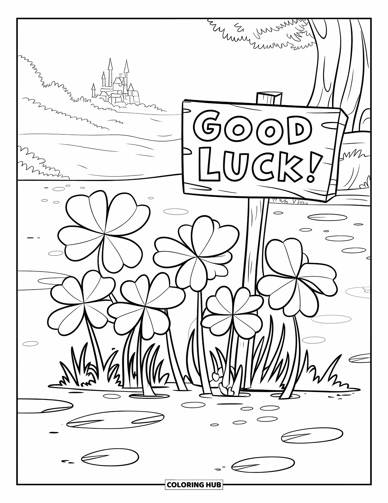 Four Leaf Clover Coloring Page for Kids: Clovers and a "Good Luck!" sign near a tree and castle