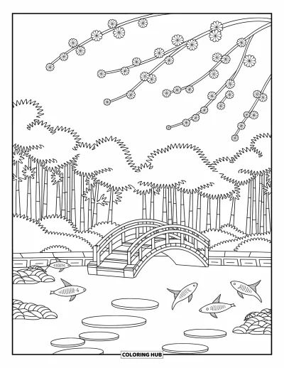Dibujo de jardín para colorear para adultos: Un jardín relajante de inspiración zen con un puente de madera y detalles intrincados