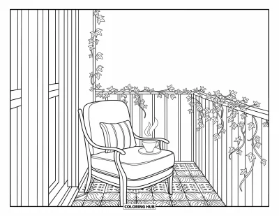 Dibujo de jardín para colorear para adultos: Un encantador refugio en el balcón con barandillas cubiertas de hiedra y detalles artísticos