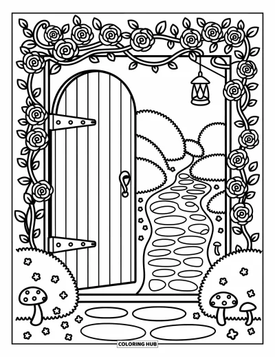 Dibujo de jardín para colorear para adultos: Una encantadora puerta de jardín con rosas en flor y una pequeña linterna colgando cerca