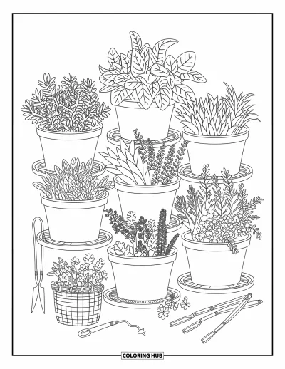 Dibujo de jardín para colorear para adultos: Una encantadora escena de jardín de hierbas con delicada caligrafía y bordes florales
