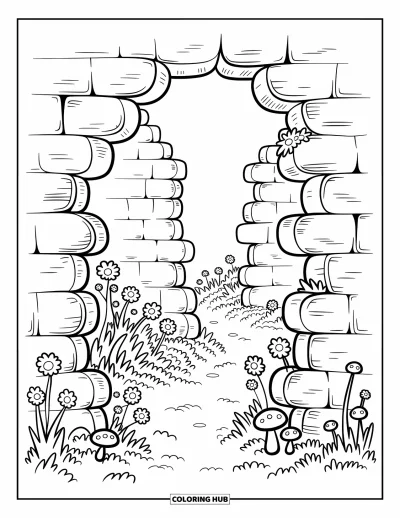 Dibujo de jardín para colorear para adultos: Una encantadora pared de piedra antigua con un camino secreto asomando entre las enredaderas