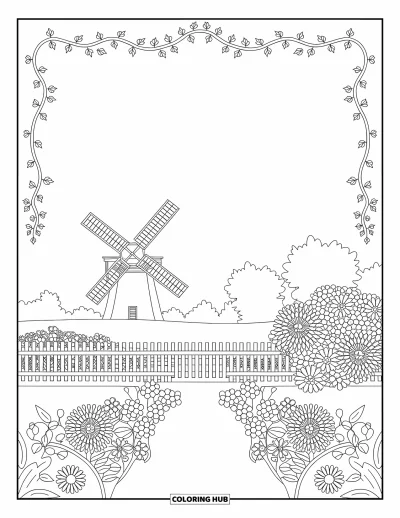 Dibujo de jardín para colorear para adultos: Un encantador jardín rústico con una cerca de madera e intrincados detalles florales