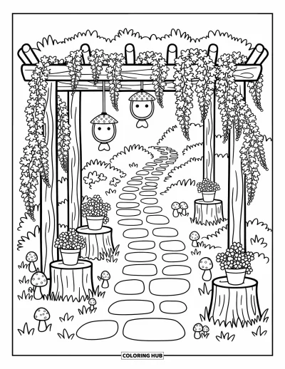 Dibujo de jardín para colorear para adultos: Un encantador enrejado cubierto de glicinas, que da sombra a un tranquilo sendero de piedra
