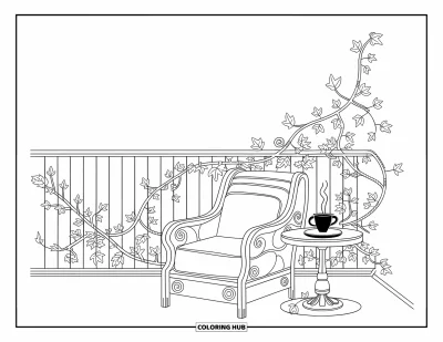Dibujo de jardín para colorear para adultos: Un acogedor rincón de balcón con una silla cómoda, una barandilla envuelta en hiedra y un juego de té