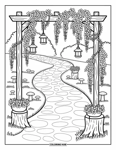 Dibujo de jardín para colorear para adultos: Un acogedor camino de adoquines bordeado de linternas, hongos y flores en macetas