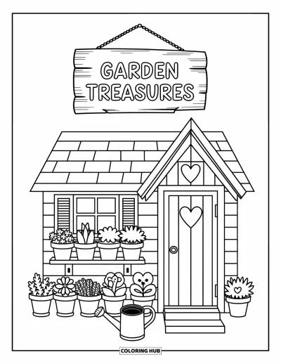 Dibujo de jardín para colorear para adultos: Un cobertizo de jardín acogedor con una fila de plantas en macetas y una ventana en forma de corazón