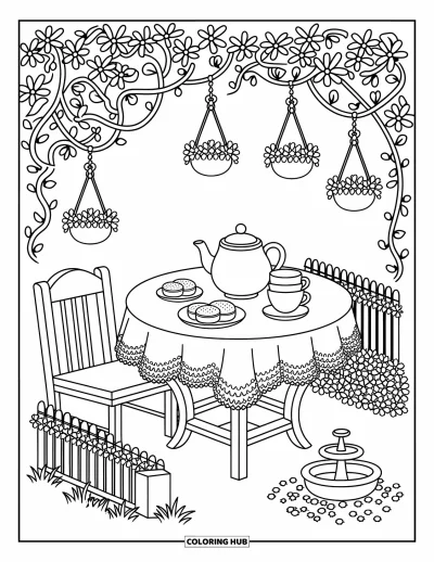 Dibujo de jardín para colorear para adultos: Una mesa de té de jardín acogedora con encaje, tazas de té apiladas y un plato de galletas