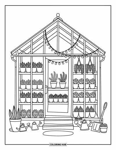 Dibujo de jardín para colorear para adultos: Un invernadero acogedor con un escalón de madera y enredaderas trepando por las vigas