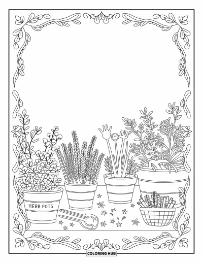 Dibujo de jardín para colorear para adultos: Un acogedor rincón de jardín de hierbas con maceteros etiquetados y detalles artísticos