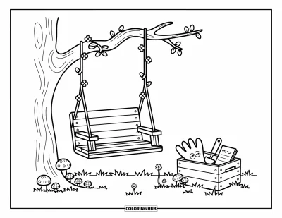Dibujo de jardín para colorear para adultos: Un columpio de madera acogedor cubierto de flores, con una caja de herramientas de jardinería debajo