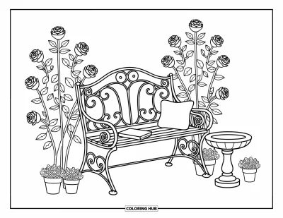Dibujo de jardín para colorear para adultos: Un banco de hierro forjado acogedor rodeado de rosas delicadas y un bebedero para pájaros