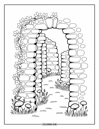 Dibujo de jardín para colorear para adultos: Una pared de piedra desmoronada cubierta de hiedra, flores silvestres y pequeños hongos