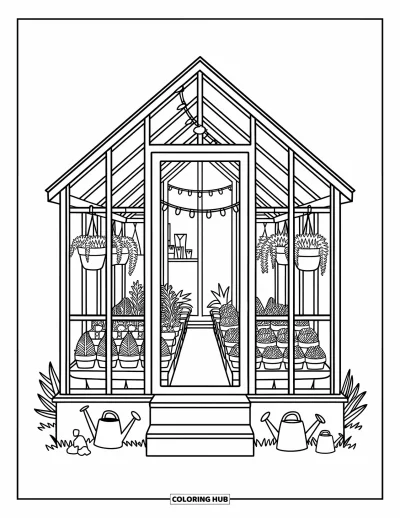 Dibujo de jardín para colorear para adultos: Un invernadero con paneles de vidrio con plantas y herramientas de jardinería cuidadosamente dispuestas