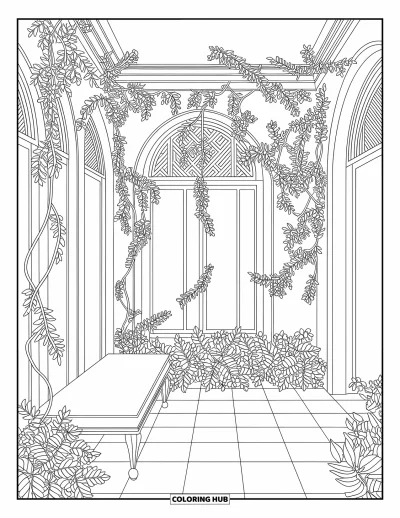 Dibujo de jardín para colorear para adultos: Un patio de jardín escondido con enredaderas, un banco suave y elegantes adornos