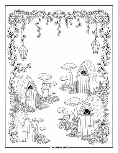 Dibujo de jardín para colorear para adultos: Un jardín forestal mágico con puertas de hadas, hongos y linternas parpadeantes