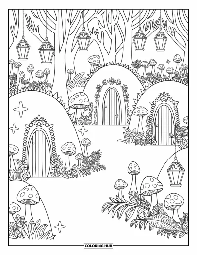 Dibujo de jardín para colorear para adultos: Un jardín místico lleno de pequeñas linternas e intrincados bordes florales