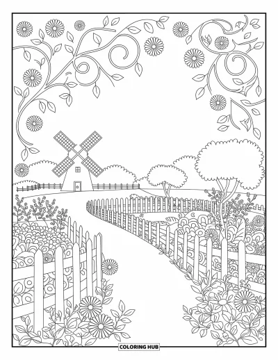 Dibujo de jardín para colorear para adultos: Un sendero de jardín tranquilo con un molino de viento al fondo y detalles ornamentados