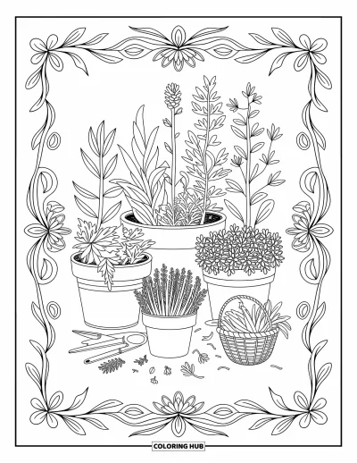 Dibujo de jardín para colorear para adultos: Una escena de jardín tranquila con pequeñas hierbas en macetas y patrones intrincados