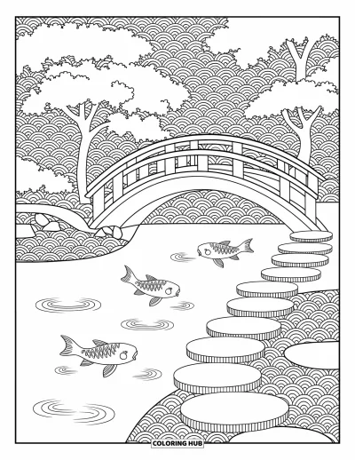 Dibujo de jardín para colorear para adultos: Un estanque koi tranquilo con patrones de agua arremolinada y motivos elegantes