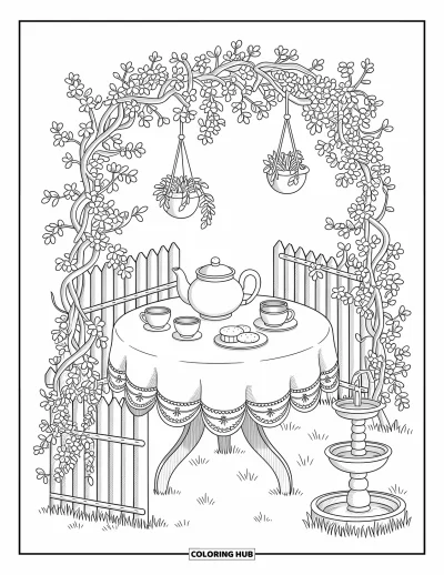 Dibujo de jardín para colorear para adultos: Un rincón de té tranquilo con un dosel floral, una tetera y una fuente que fluye suavemente