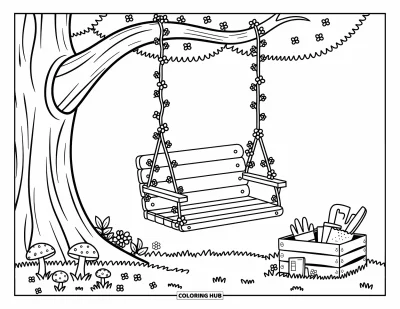 Dibujo de jardín para colorear para adultos: Un columpio de árbol tranquilo rodeado de flores silvestres, con hongos creciendo cerca