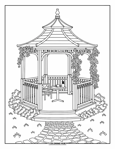 Dibujo de jardín para colorear para adultos: Un cenador de madera tranquilo rodeado de flores, con un juego de té en la mesa