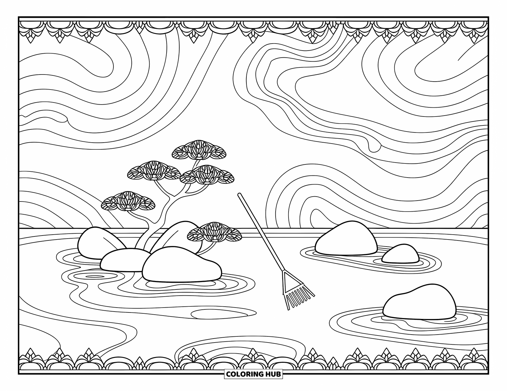 Kolorowanka z ogrodem dla dorosłych: Spokojny ogród Zen z gładkimi kamieniami, maleńkim grabkiem i drzewkiem bonsai