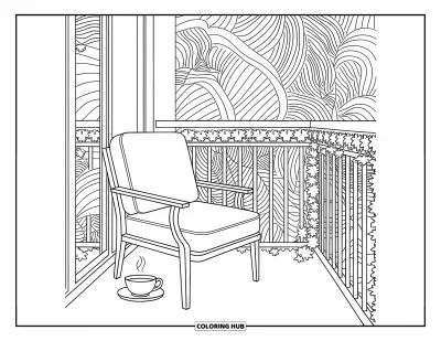 Dibujo de jardín para colorear para adultos: Un balcón tranquilo con una silla estampada, té y detalles de enredaderas arremolinadas