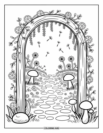 Dibujo de jardín para colorear para adultos: Un arco de jardín rústico rodeado de hongos brillantes y pétalos flotantes