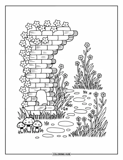 Dibujo de jardín para colorear para adultos: Una rústica pared de piedra suavizada por flores silvestres y pequeños hongos juguetones