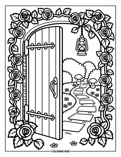 Dibujo de jardín para colorear para adultos: Una rústica puerta de madera rodeada de flores silvestres, hongos y senderos de piedra