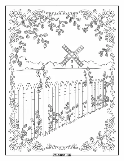 Dibujo de jardín para colorear para adultos: Un jardín campestre escénico enmarcado por enredaderas arremolinadas y patrones suaves