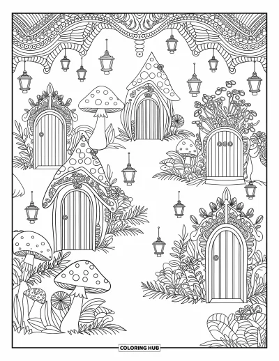 Dibujo de jardín para colorear para adultos: Un escondite secreto en el bosque con delicadas puertas de hadas y diseños arremolinados