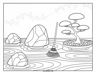 Dibujo de jardín para colorear para adultos: Un sereno jardín zen con un árbol bonsái y patrones elegantes y fluidos