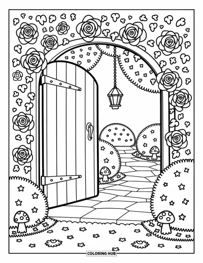 Dibujo de jardín para colorear para adultos: Una puerta de madera ligeramente abierta cubierta de hiedra, que conduce a un jardín secreto
