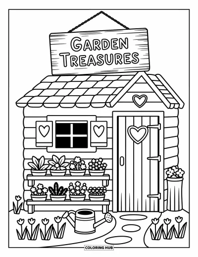 Dibujo de jardín para colorear para adultos: Un pequeño cobertizo de jardín con un letrero rústico y macetas de barro llenas de hierbas y flores