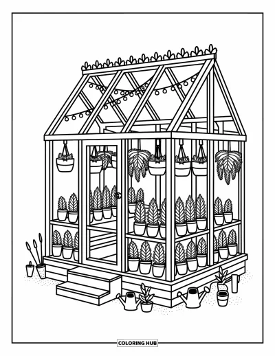 Dibujo de jardín para colorear para adultos: Un pequeño invernadero lleno de plantas en macetas, luces de hadas y helechos colgantes