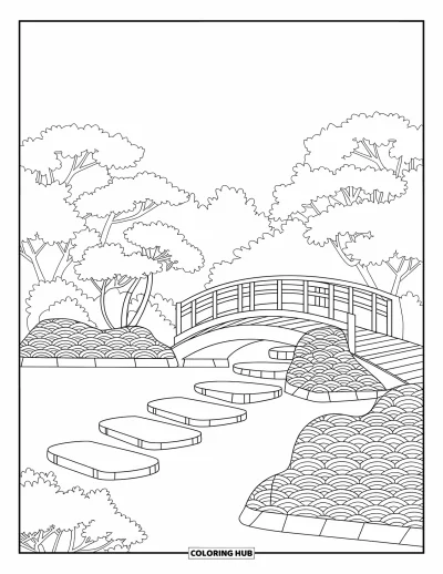 Dibujo de jardín para colorear para adultos: Un jardín japonés tradicional con flores de cerezo y diseños detallados
