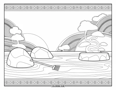 Dibujo de jardín para colorear para adultos: Un tranquilo jardín zen con intrincados patrones arremolinados y detalles delicados