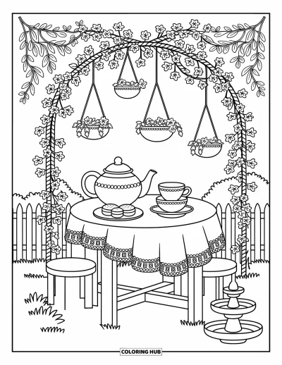Dibujo de jardín para colorear para adultos: Una mesa de té cálida y acogedora debajo de ramas cargadas de flores, rodeada de hiedra