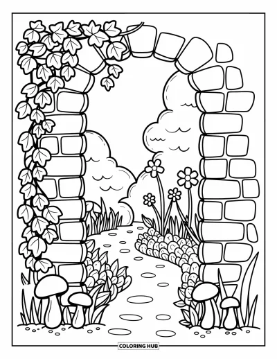 Dibujo de jardín para colorear para adultos: Una pared de piedra erosionada con hiedra trepadora y un camino sinuoso oculto