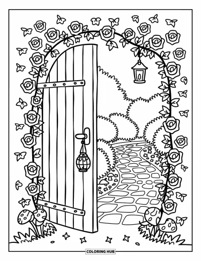 Dibujo de jardín para colorear para adultos: Una caprichosa puerta de jardín con hiedra crecida y un sendero de piedra sinuoso más allá