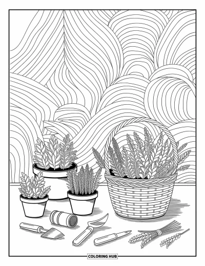 Dibujo de jardín para colorear para adultos: Un caprichoso jardín de hierbas con macetas etiquetadas, pequeñas herramientas y patrones de hojas