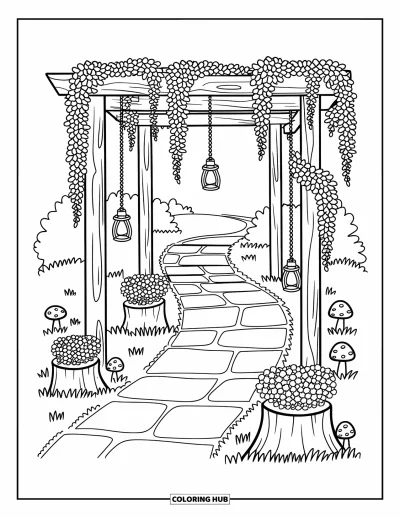 Dibujo de jardín para colorear para adultos: Un sendero de jardín sinuoso bajo un enrejado de glicinas en flor