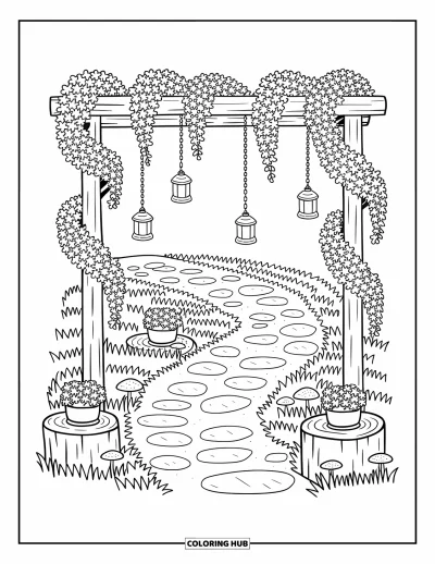 Dibujo de jardín para colorear para adultos: Un sendero de jardín sinuoso con pequeños hongos y linternas que se balancean suavemente