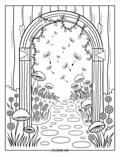Dibujo de jardín para colorear para adultos: Un arco de madera cubierto de enredaderas, que marca la entrada a un jardín secreto