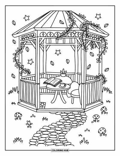 Dibujo de jardín para colorear para adultos: Una glorieta de madera con barandillas intrincadas, cubierta de delicadas enredaderas colgantes